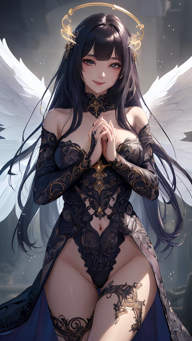 arte digital majestosa, realista e ultra detalhada, uma mulher deslumbrante, edgVS, anjo, luvas de cotovelo, colar, vestindo lingerie edgVS, asas, charmoso, seios enormes,