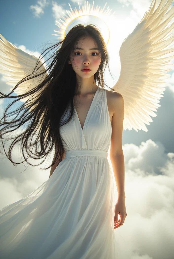 Angel's wing, Spread your wings, Big Wings, One person, Detailed wings, Wings with feathers, Delicate Wings, Beautiful Wings, Mysterious Wings, Bright wings, Luminous wings, Sparkling wings, Translucent wings, Iridescent Feathers, Winged figures, Winged female, winged god, Winged Angel, Heavenly Person, Heavenly Man, The existence of God, spiritual figures, Fantasy art, Digital Art, 8k, Very detailed, Realistic, Ultra-realistic, Cinema Lighting, Vibrant colors, Dramatic lighting, Dramatic contrast, Dramatic Shadows, dramatic highlights