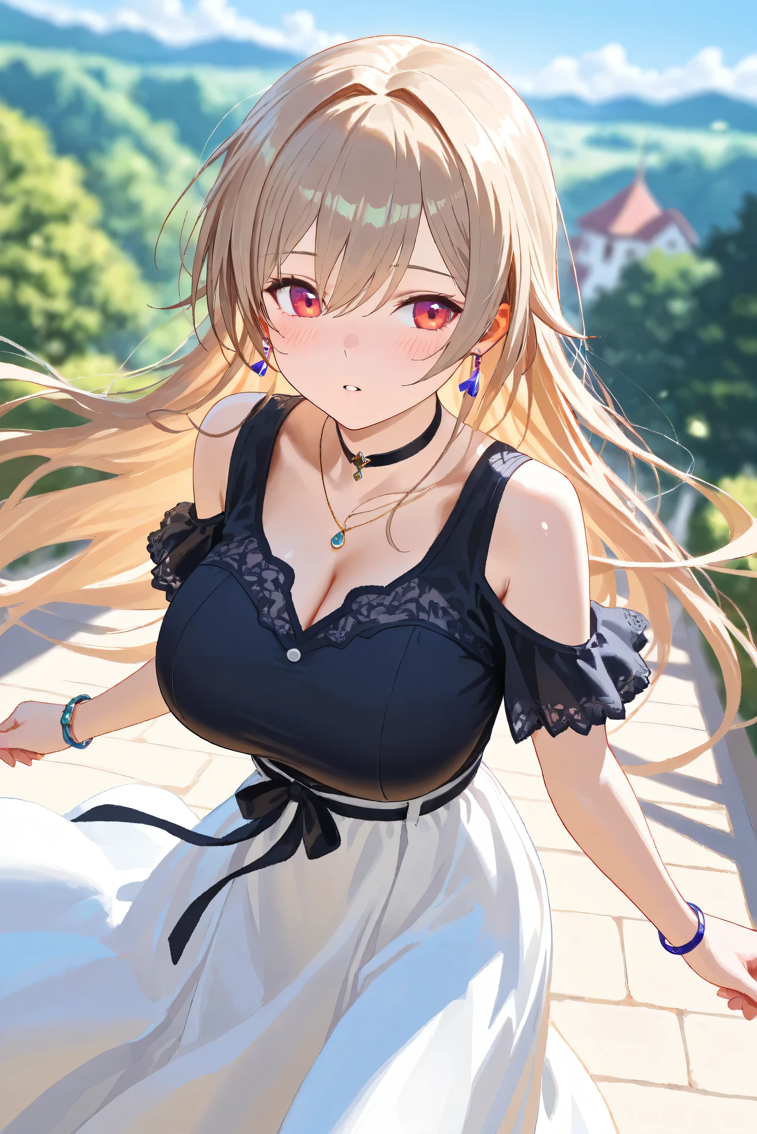 (Masterpiece), (Highest quality), (Very detailed), 
(The best shape), (Best Shadow), (Absurd), 
(Detailed background), (So beautiful), Shiny , 
Extraordinary, Countershading, 8k, 32K, High resolution, Beautiful eyes in every detail,
Very Detailed CG, UHD,

Score_9, Score_8_up, Score_7_up, Source_anime, 
(Pastel painting:1.2), (Watercolor painting:1.2),
(Masterpiece, Detailed:1.2), (Foreshortening:1.2),

Cinematic, Dramatic, (Depth of field:1.4),
(Blurry background:1.4), (Realistic background:1.4),
(Foreshortening:1.3),Dynamic angle, 1 girl,
fantasy background, Outdoor, Nature, Wind, blue sky,
fantasy buildings,

Furen E Lustario,
Nijisanji, virtual youtuber,
frnel, very long hair, blonde  hair, brown hair, bangs, red eyes, hair between eyes, large breasts, 

casual wear,  black shirt, ribbon tie, clothing cutout, shoulder cutout, black choker, bare shoulders, long skirt, white skirt, jewelry, (Purple earrings:1.1), necklace, bracelet,

full body, focus on face, close up,
(Blush:1.3), parted lips,
Realistic skin, Shiny skin,