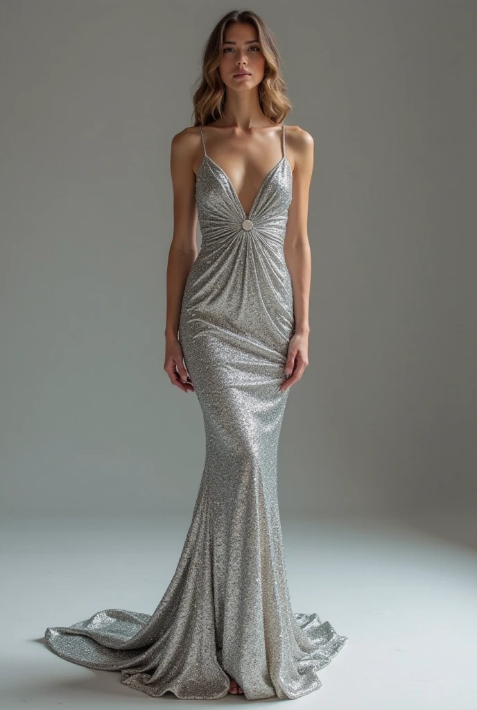 A Latina woman with type 3b curly hair, tall skinny with curly brown hair. 
wearing a turtleneck dress, long with silver stones and silver graduation.
 Bare shoulders and arms. The dress must be long The dress must be silver sparkles. Shiny with stones. And in the middle of the neckline there should be a diamond-shaped neckline.. The model may be Latina
. eyes browns. 