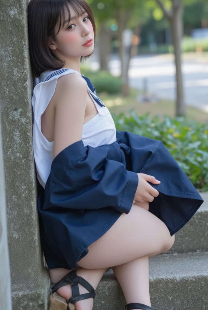 top-quality、hight resolution、ultra-detailliert、masterpiece、Raw photography:2、realisitic:2、Photorealsitic:2、extremely delicate and beautiful、finely detail、Textured skin、1girl in、japanes、(Solo)、full-shot、(Sky from below:1.3)、18-year-old schoolgirl、(Shibuya at night in Japan)、Park Street sidewalk、japanese hight school uniform、darkblue miniskirt、(beauitful face:2)、Wearing makeup、tall、perfectly proportions、(Bare legs:1.5)、(I'm showing my :1.5)、(White panty:1Do not take off your panties 1.5)t take off your skirt:1.5)、(At SFW:1.5)