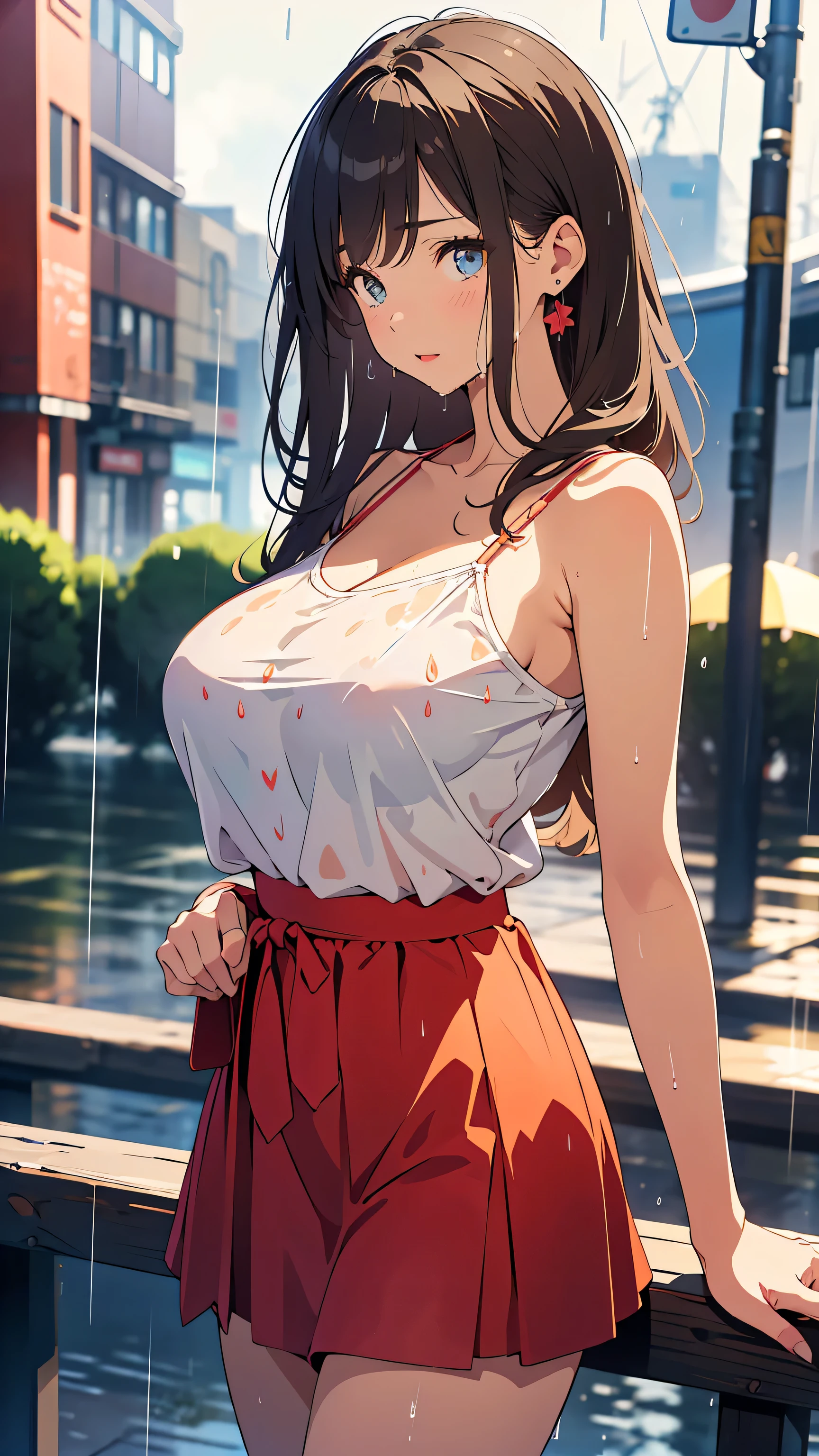  masterpiece,  best quality,  Nostalgic Photos:1.5, ((is outlined with very fine lines :1.3)),  very accurate,  fine section ,  high resolution, 8k Wallpaper,  SLR camera , Perfect Dynamic Composition,  detailed expressions ,  beautiful eyes down to the smallest detail,  Real Costumes    , (Random Color, cute, rain wet camisole , , Simple Pattern:1.3),Wet Skirt, (random hair arrangement, long hair, ), ( big natural :1.3),   plump  , ((Model-like waist)), (28-year-old woman), (), (full of energy:1.3),  natural colored lips, (Rainy city, Around town:1.3), Staring at a woman from the side, side view,focus on the face:1.5, Hair is disheveled by rain:1.5, cowboy shot,