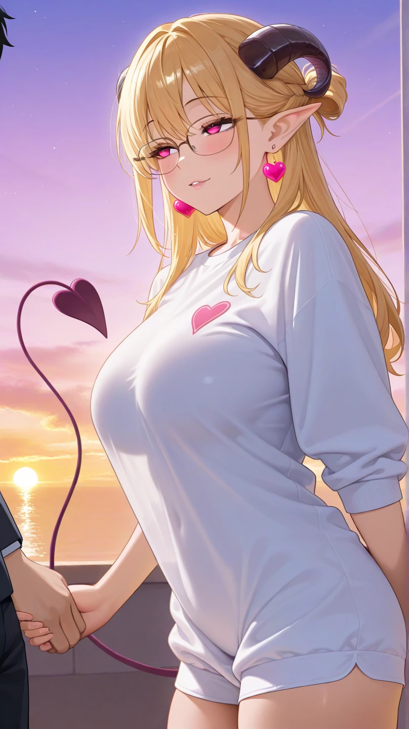 (masterpiece, Best quality:1.4), (8K), Young brunette babe, (((18 years, neat girl))), detailed blue eyes, long eyelashes, blush, Kind smile, Upper body, covered big breasts, (Pink T-shirt), denim short shorts, (From Side), (Looking at the viewer), beautiful blonde hair, white-skinned, long hair, Parted bangs, (huge breasts), (Valley, Beautiful and magnificent skyline, Majestic sky), Colorful natural light)