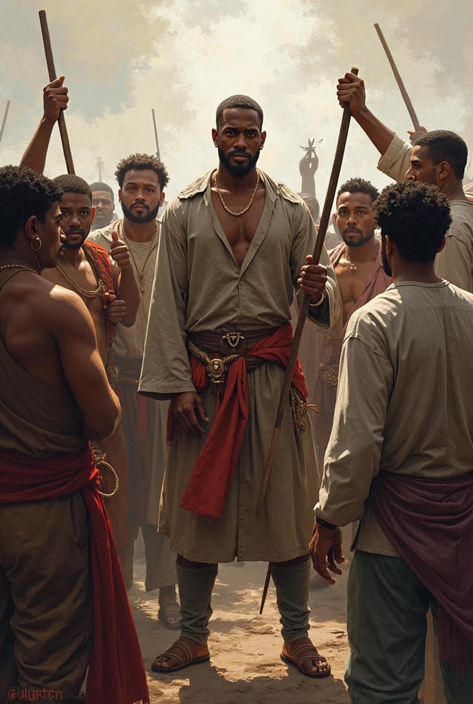 A slave who was fighting to gain his freedom, in revolt of evils in Salvador Bahia in 1835 and he has to be standing in slave clothes covering his private parts without many resources