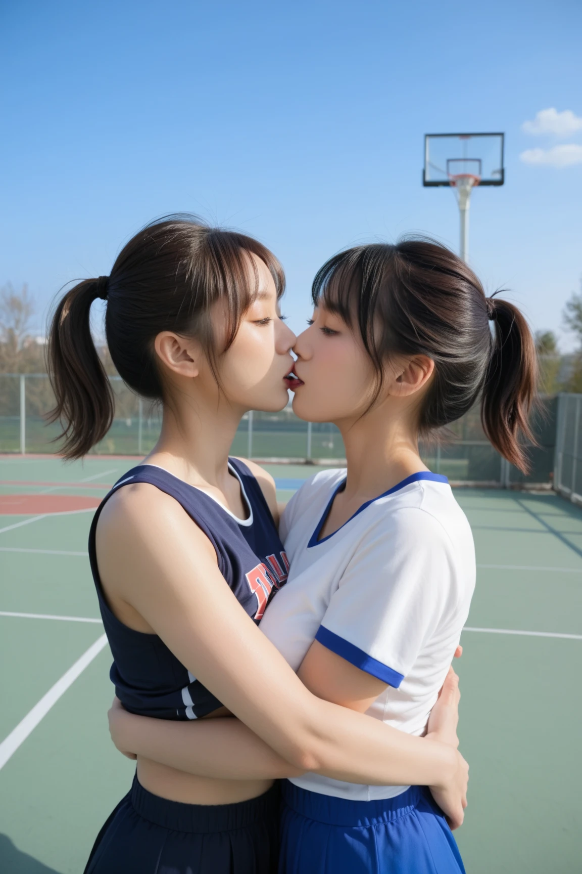 photo anime, masterpiece, high quality, absurdres, Two girls kiss while straddling on Bicycle saddles, basketball uniform, short shorts, oil painting, digital painting, illustration, sharp focus, intricate, medium shot, mid-shot, trending on artstation, art by Ilya Kuvshinov and Ross Tran, anime arts,