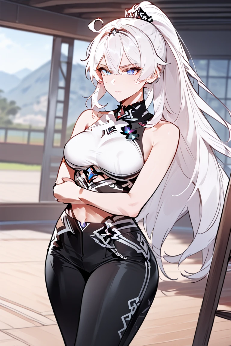 beautiful young female warrior fighter with cat ears on her head, com rosto bem detalhado e bonito, belos olhos, belos olhos, rosto lindo, beautiful young woman wearing long brown leggings with black details, sueter apertado branco, standing in a castle, usando bota preta, cabelo comprido com franja preto, ,orelhas de gato, belo sorriso, tomboy, um pouco musculosa,suter branco com cinta em volta, olhar serio,usando jaqueta de couro apertado preto, com ombreiras de prata nos ombros