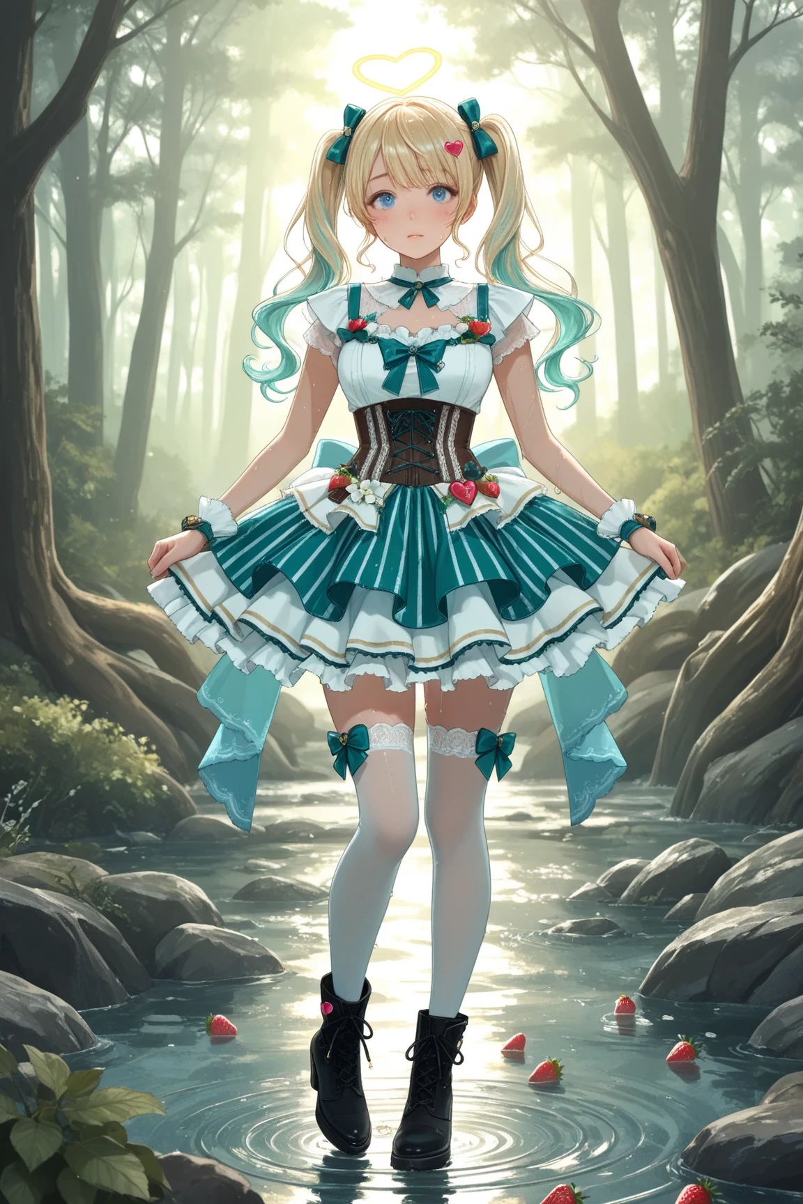 (((Masterpiece))), (((top quality))), (((top image quality))), (((ultra-realistic depiction))), (((Alice in Wonderland in Gothic Lolita fashion))), (((diorama worldview))), chasing a rabbit wearing a silk hat and holding a pocket watch.