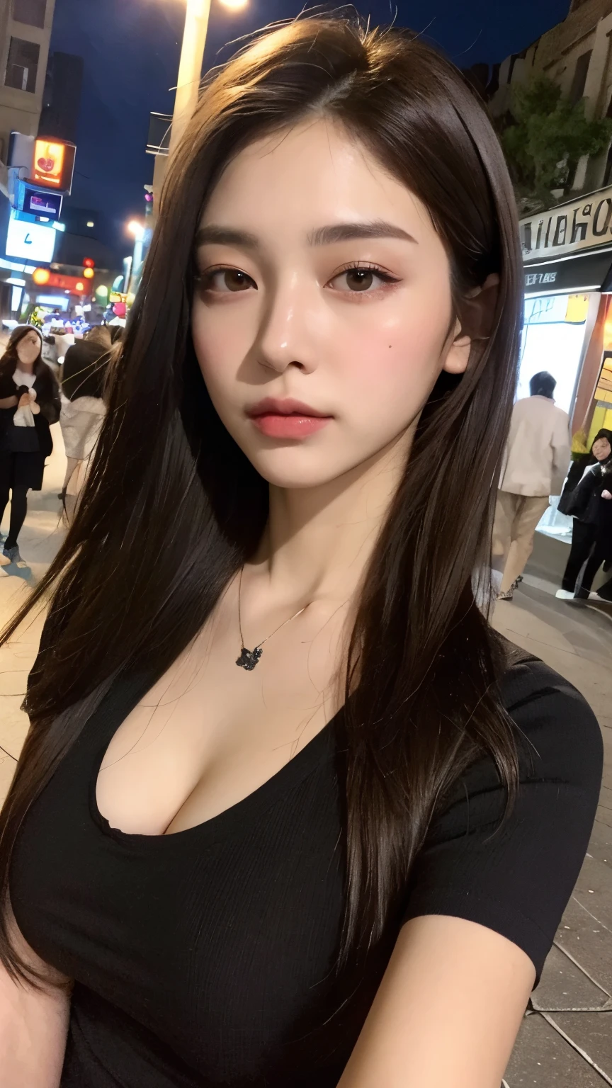 1girl, Tokyo street, night, cityscape, city lights, upper body, big, cleavage, sexy, closeup, 8k, raw photo, highest quality, masterpiece, realistic, photorealistic,