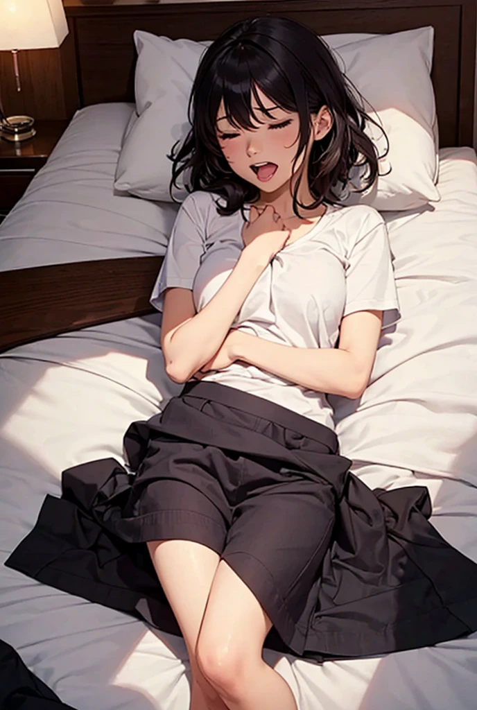 (8K, Raw photo, Highest quality, masterpiece:1.2,Perfect Anatomy),(fisheye lens),nsfw,Private room,Natural light,((())),(((Sit on the bed))),Proudly,((flat chest)),thick nipples,lighon nipples,Shapely nipautiful nipples,ipples,standard wemall Butt,BlacSemi-long hair,Completely nakedeat:1.2,((((Close-up from the side at an a))),cowboy shot,Flushed expression,looking at the camera,Perfect vagina,Perfect anus,steam,(((Spread your legs super wideasturbation),Subaggy white tank top,bottomless,show off pussy