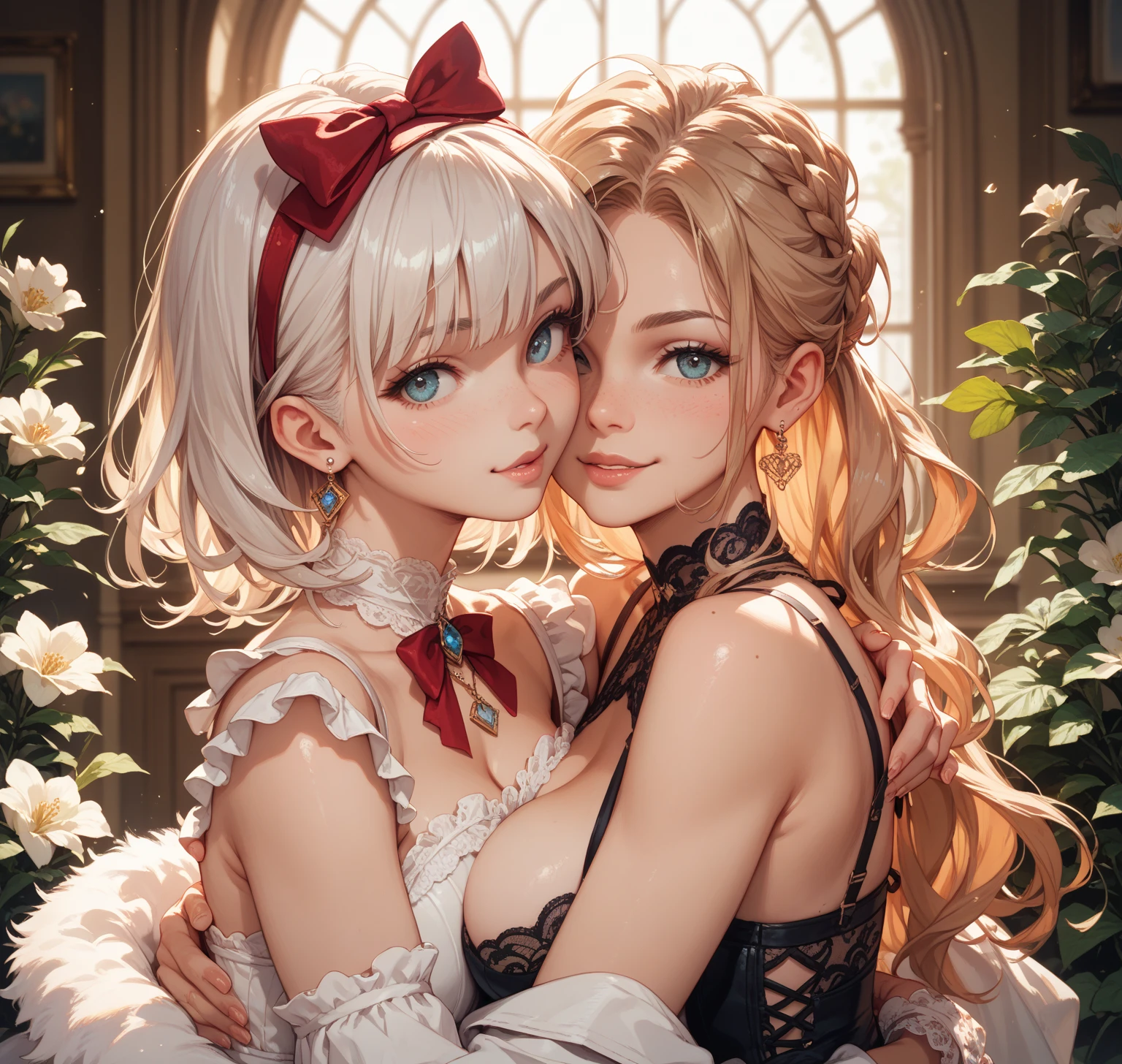 (((depict young girll))), (((top-quality, masterpiece))), silver hair cut in bob, red rose in hair, green eyes, (((cute red and black lingerie with lot of details))), ((white ribbons on lingerie)), maid, lovely, smile, happy, (Masterpiece, Excellent, complex details), delicate girl, delicate face,