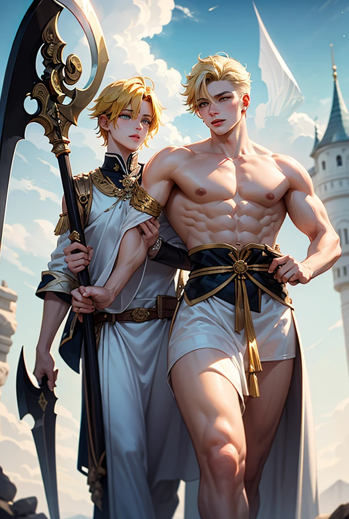 Two men in armor back to back, chest muscles, knights, inside the church, the sun shone down, one black and one white
