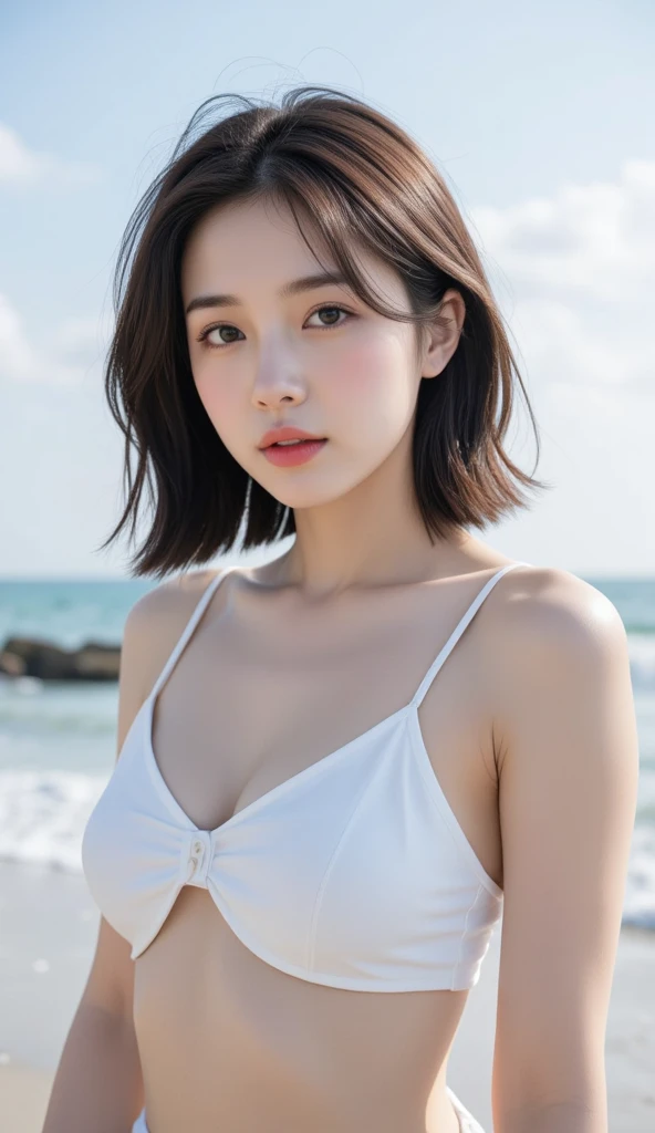 ((top-quality、8K、​masterpiece:1.3))、1girl in、Beautiful woman emphasizing slender abs:1.3、(Random Hair Styles:1.2)、Oversized tank top:1.2、Super Detailed Face、detailedeyes、二重まぶた、One Woman、portlate、Blue sea background、