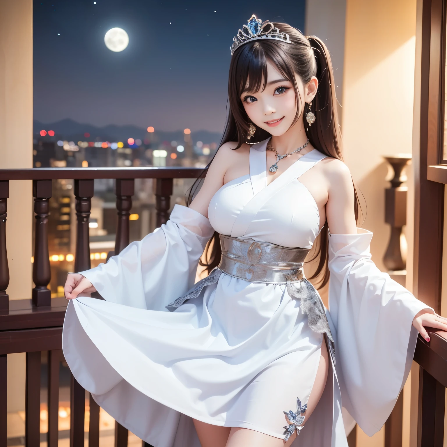 Masterpiece, top quality, high resolution, anatomically correct, ultra high definition. A balcony at night. A full moon. Beautiful night view. The light of a skyscraper can be seen. A beautiful girl. She is a beautiful Japanese woman. She is as beautiful as a goddess. She has a mysterious atmosphere. She has a well-defined face. She has beautiful blue eyes. She has big breasts and beautiful feet. She wears a hair ornament. She wears a necklace and earrings. (She has silver or blonde hair). (She has twin-tail or side-tail). ((She is wearing a dress.)). ((She is wearing a tiara)). She is wearing heels. ((She is smiling and smiling)). ((She is standing and striking a cute pose)).