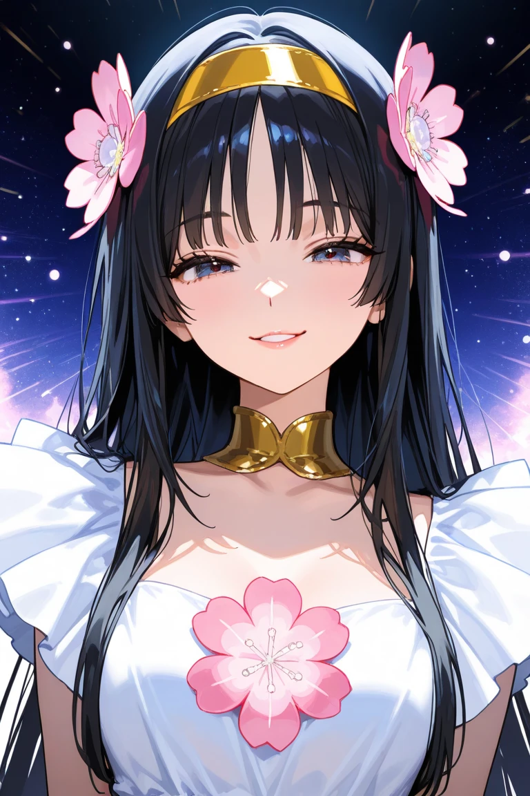 mksks style, masterpiece, best quality, long eyelashes, eyeliner, eyeshadow, mascara, colorful, pink lips, best quality, ultra-detailed, illustration, close-up, straight on, tsurime, sesshouin kiara, 1girl, breasts, yellow eyes, horns, blush, veil, long hair, light smile, huge breasts, black hair, collarbone, forehead mark, bare shoulders, facial mark, multicolored hair, chest tattoo, nose blush, tattoo, looking at viewer, cleavage, pink hair, detached sleeves, wavy hair, bangs, very long hair, gradient hair, pink lips, looking at viewer, in space, starry background, face focus, grin