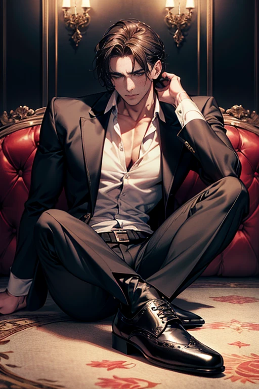 ((Masterpiece, Highest quality)), Detailed face, dramatic lighting, dark colors and atmosphere, full body, Full of details, frontal body view, back body view, Highly detailed, Depth, Many parts, Muscle boy with short black hair,handsome man, mercenary, man tall, pectoral muscles, abs, laying down, relaxing