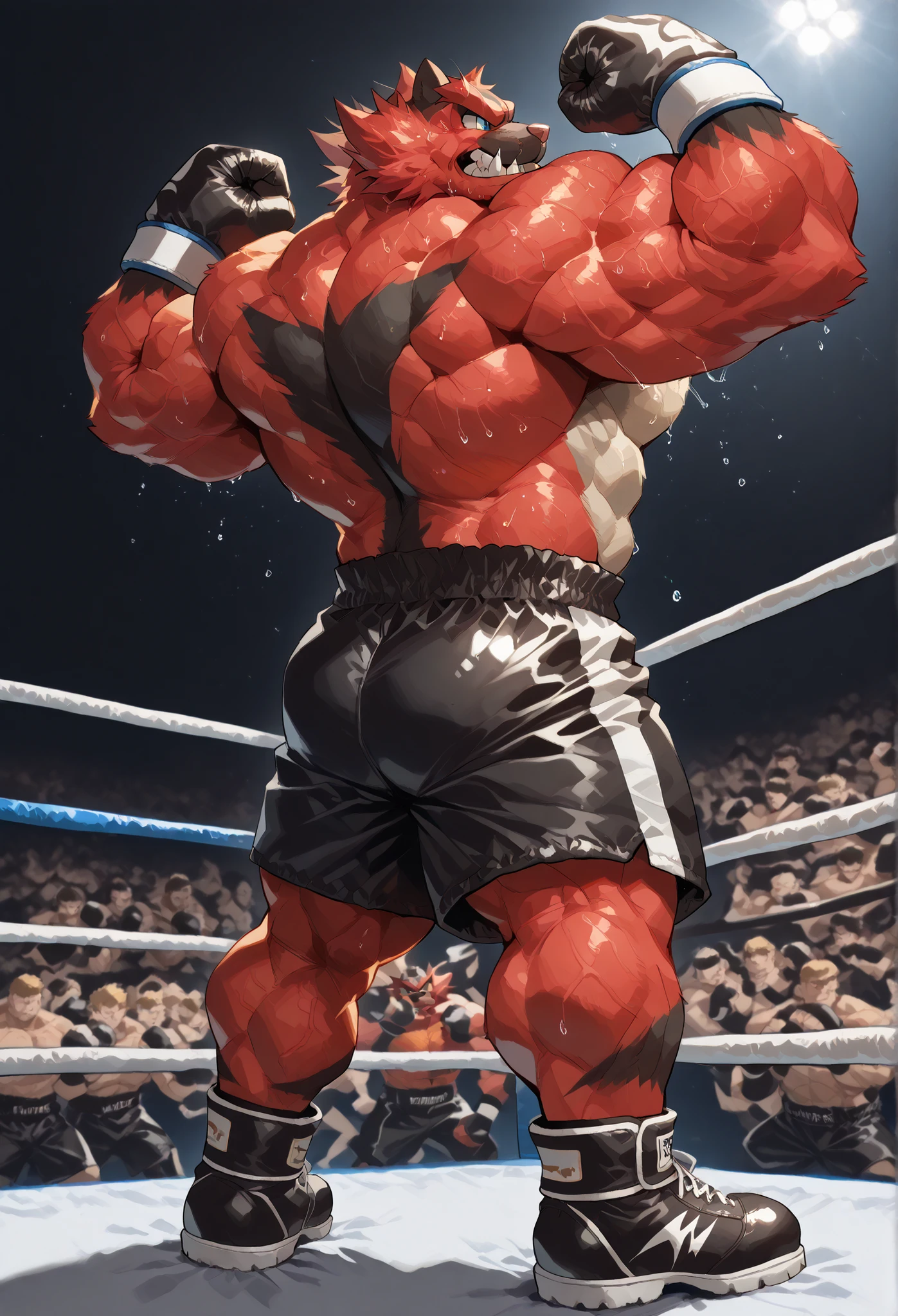 4K, masterpiece quality, pov_boxing, Looking down on the losers with brutal triumph, black boxing shoes, black boxing gloves, black boxing trunks with red side lines, full body, depth of field, boxing, dynamic pose, fist pump pose, boxing ring background at midnight, Incineroar heavywait boxing champion, magnificent mane, gay, furry male, he flexing his thick arms,bulging heavy muscular, thick veiny heavy muscles, brutal looking down on loser, brutal expression, brutal eyes, large pectorals, sweaty body, Angle of the loser looking up from directly below,
