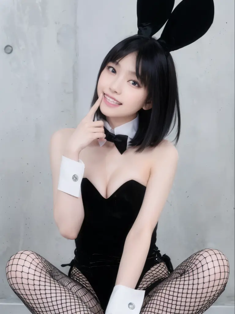 (Wearing a bunny costume:1.3)、Black costume、Good Hand、4K、hight resolution、​masterpiece、top-quality、Number of heads:1.3、((Hasselblad photo))、Fine-grained skin、(lighting like a movie)、Soft lighting、Dynamic angles、[:(A detailed face:1.2):0.2]、((Colossal tits:1.4))、(fishnet tights)、Beautiful legs、raise arms、Show the armpits