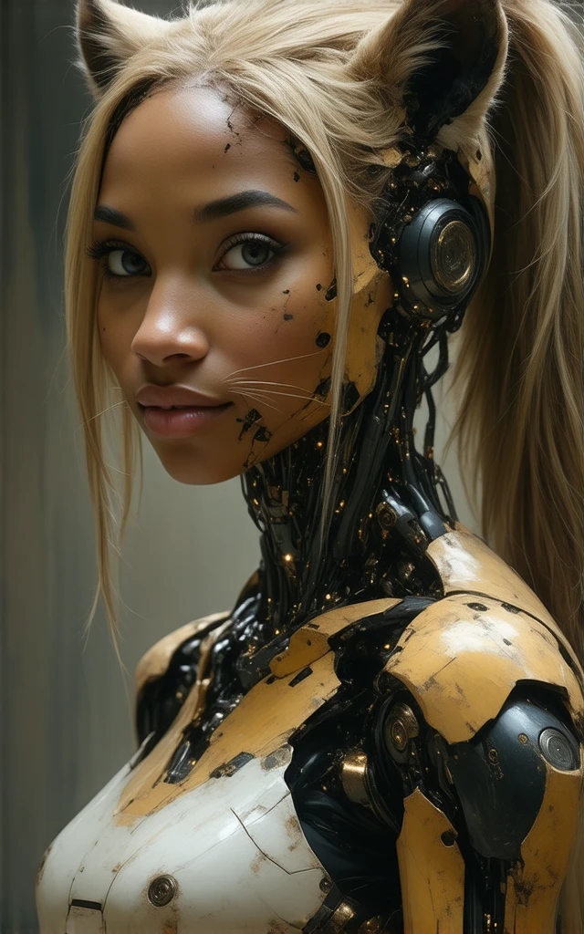 profile photo, in front of the yellow wall, Asian cyborg woman without body, connected by cable, Twisted cable and wire and LED, Charming eyes bodypunk PLC robot、silver motor head, with ray gun, 80 degree field of view, art by:sergio lopez, natalie shau, James Jean and Salvador Dali, (Yellow background:1.5)