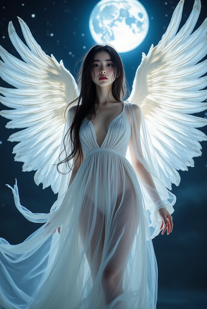 ((best quality, masterpiece)), seductive angel, heavenly beauty sitting on a cloud, (fantasy illustration: 1.3), enchanting gaze, captivating posture, angel wings, supernatural charm, mystical sky, moonlit night, soft colors, (detailed cloud landscape: 1.3), (high resolution: 1.2)