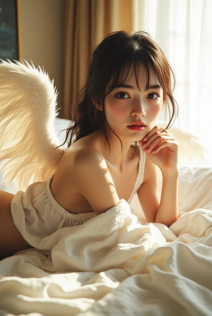((((NSFW))))、Sexy 15-year-old angel、A naked angel with white wings、Embarrassing pose with a shy expression、She is lying on her back in a big wide bed with her legs spread、She's stretching her legs wide open、She looks very embarrassed when you see her wet vagina、My nipples are erect、((Big Breasts))、(((Embarrassed expressions and gestures:1.5)))、Glamorous body、Sweaty body、Flushed skin、Sweaty and flushed body after intense sex。