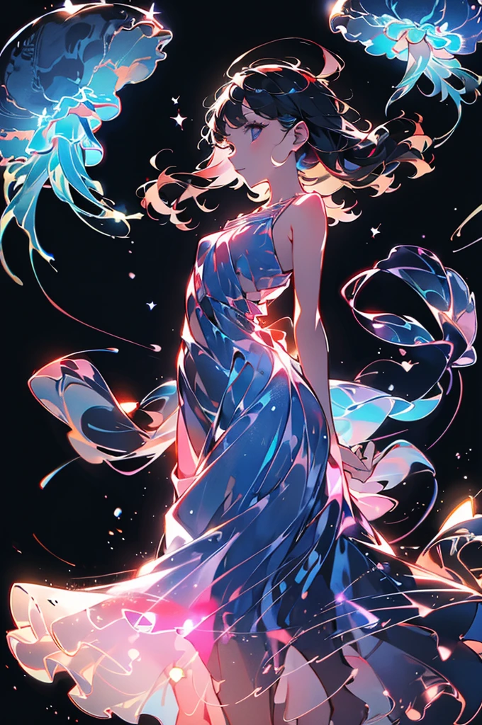 A naked boy with wide hips in a transparent nightgown with long hair tied in a purple tail on a bed