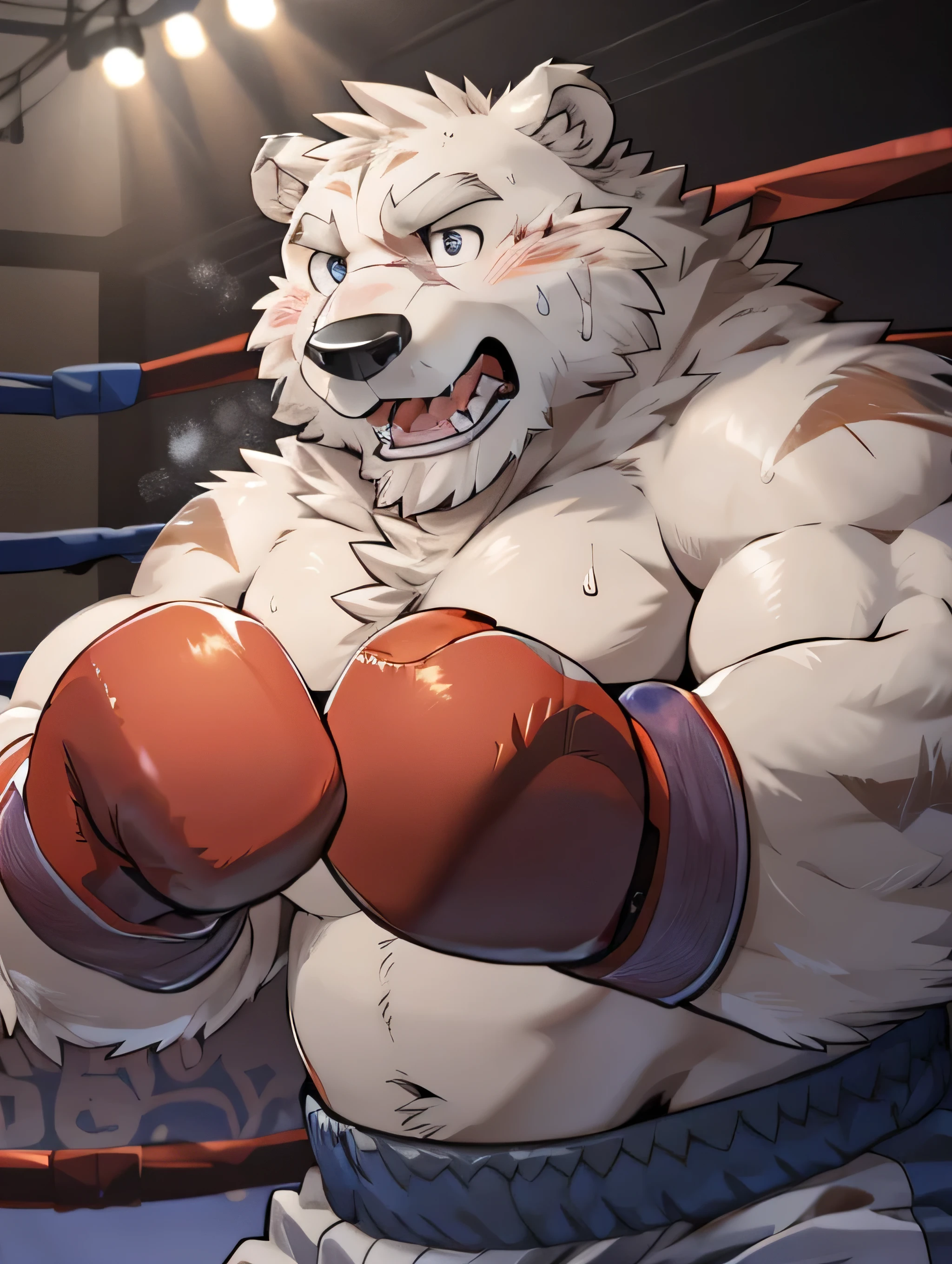  (((boxing match))),groggy,out of breath ,Wide open mouth, tired look, falls down ,Mole on face ,Swollen eyes, painful expression, drool ,Nosebleeds, tired body and sweat, close one eye ,Swollen cheeks,Punch marks ,Swollen face, dirty face ,Dirty body,groggy,knock out ,boxing gloves、Ultra High Definition, RAW Photos, (null-ghostによる),(by Takemoto Arashi ), (Lyndon:1.3), (by haps), (Detailed eyes), Detailed Iris, ((old bear:1.2)) ((background boxing ring))