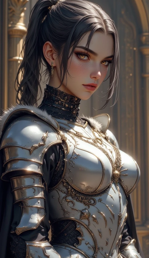 (masterpiece), (extremely intricate:1.3), (realistic), portrait of a girl, the most beautiful artwork in the world, (medieval armor), metal reflections, upper body, outdoors, intense sunlight, far away castle, professional oil painting of a stunning woman by Ed Blinkey and Atey Ghailan and Jeremy Mann and Greg Rutkowski, detailed, sharp focus, dramatic, award winning, matte drawing, cinematic lighting, octane render, unreal engine, volumetrics dtx