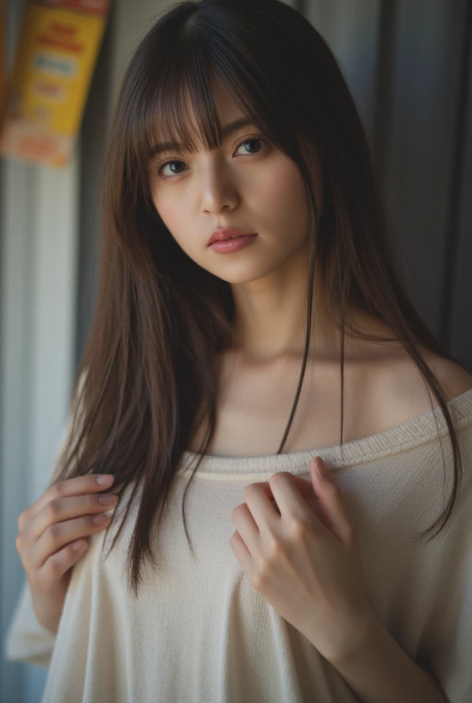 best quality, face focus, soft light, ultra high res, (photorealistic:1.4), RAW photo,
1japanese girl, solo, cute, (pupil, lights in the eyes),  detailed beautiful face, (small chest),(high resolution detail of human skin texture),
(long hair),
indoor,
Damask Shirt Dress,
(portrait)