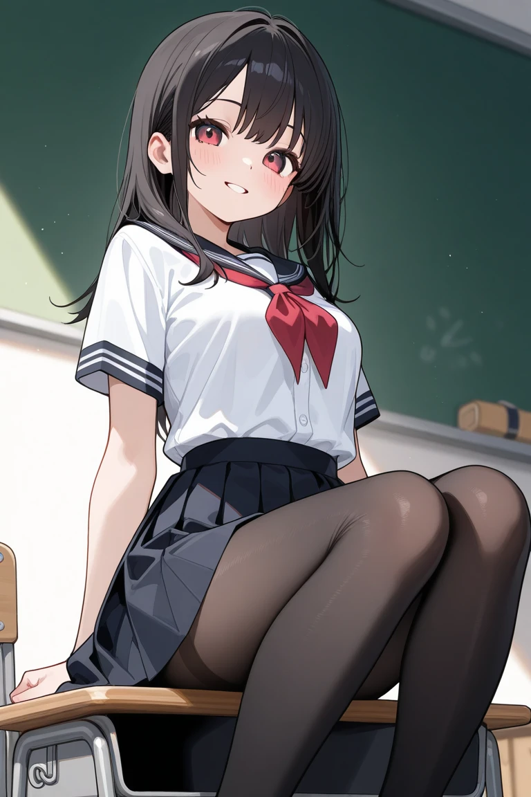 highest quality,masterpiece,Black Hair,Classroom after school,Friendly,One girl,Show me your naked body,student,Embarrassing,Shy laugh,Cover your crotch with your hands