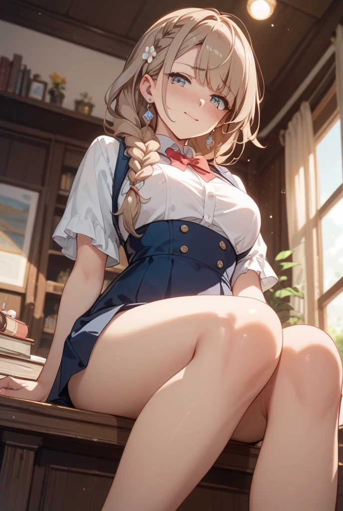 (High School Uniform:1.5)、(Spread your legs)、(Rich color expression)、(Big Breasts)、8K resolution、 masterpiece、((Highest quality))、Anatomically correct、The girl is alone、(I narrowed my eyes a little.:2)、(Flower Hair Ornaments)、(tie)、(ribbon)、(Check long skirt:1.3)、((Hasselblad Photos))、[:(Detailed face:1.2):0.2]、(Squat)、(Grin)、(library)、(Knee socks:1.3)