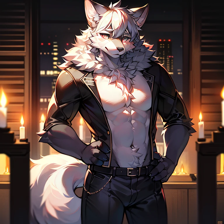 1boy, cream colored hair, vibrant sharp blue eyes, big sharp wolf ears, wolf tail, masterpiece, vibrant colors, shadows, bathroom setting, effeminine, sweatpants, slim waist, wide hips, young, pale, male, slim, irritated blush, please make him a boy
