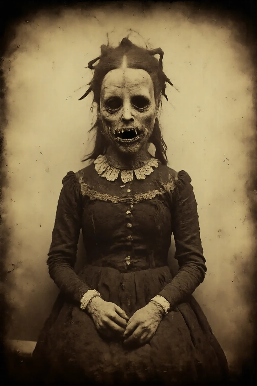 Daguerreotype photograph, tintype, 1885
Wired weirdcore, strange station, creepy creepstyle. Portrait of a young woman with no eyes.  The photo is very old and is brown and yellowed with age. Scary and haunting. Ultra-realistic, photorealistic, portrait photography, ethereal atmosphere,  surreal elements, haunting, sensual, unsettling, eerie, gothic, macabre, melancholic, dark fantasy, scary, startling, bizarre, creepy, unnerving, freaky, odd, unusual. 