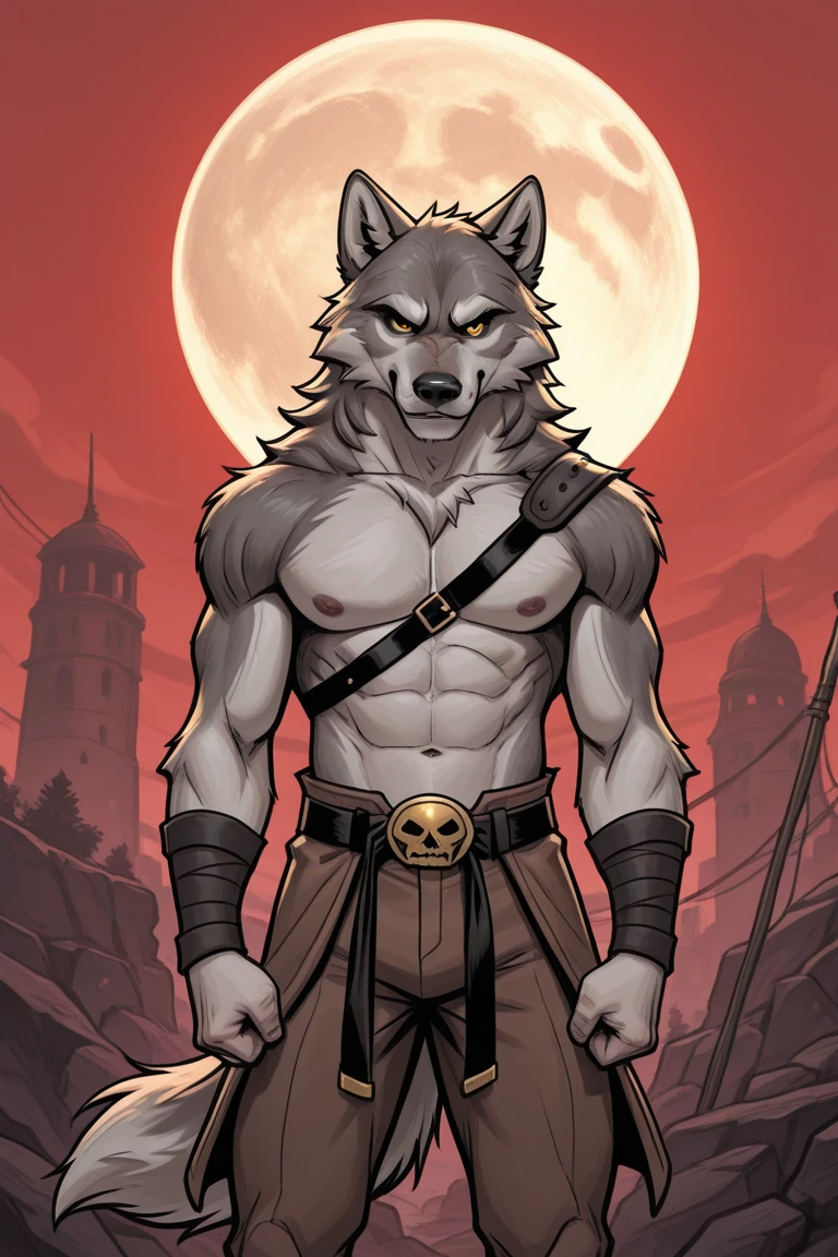 Death is a anthropomorphic silvery-white wolf with an elongated snout, gray mask-like markings on his face, sharp teeth, and glaring sinister red eyes, who has a well-built body, He wears a black cloak with a built-in hood, and brown trousers under the cloak, He also has brownish-gray wraps around his wrists and calves, and carries a pair of razor-sharp sickles, anthro wolf, male, adult, grey fur, buffed body, sexy, beefy body, furred body, beautiful, furry chest hair, realistic, full body, photorealistic, ultra realistic, 8k, night, bare-chested,