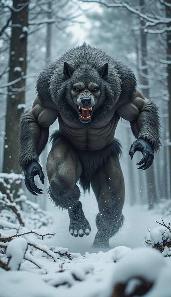 a muscular half-human, half-wolf male creature with dark fur walking on a snowy, thundering mountain 