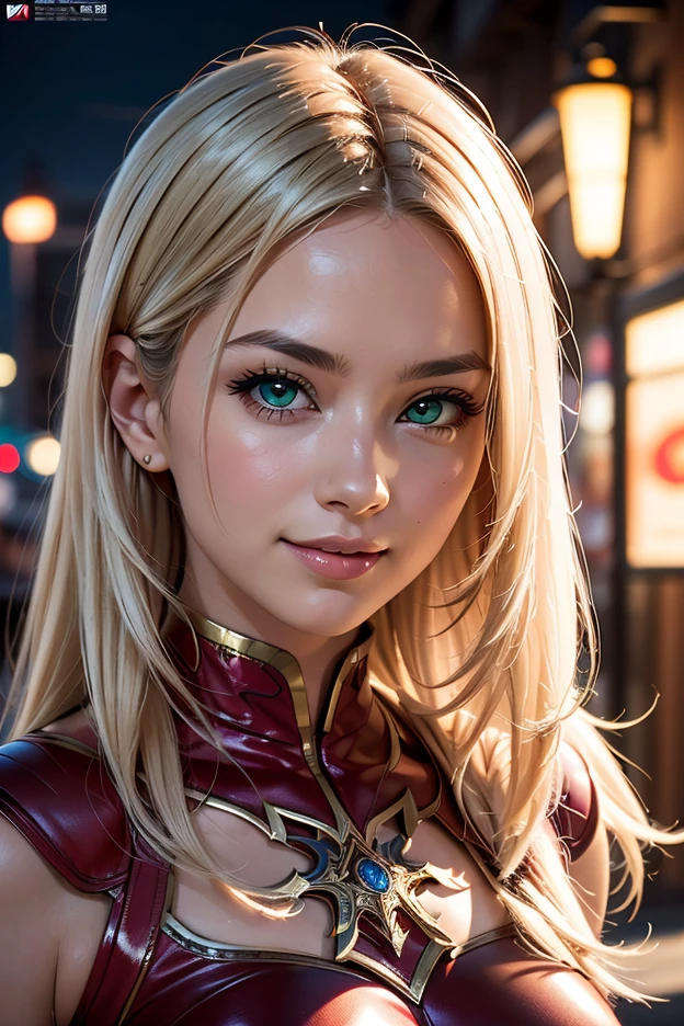 Masterpiece，Best quality，High resolution，8K，((portrait)),((head close-up)),(original photo),(real photo),(digital photo),(very beautiful woman of 28 years old, ponytail,((blonde hair)),((eyes red, devil eyes)), jewelry, beautiful elegant, arrogant, noble and charming,(fantasy combat uniform),(combat girl), photography pose, night, OC render reflection texture