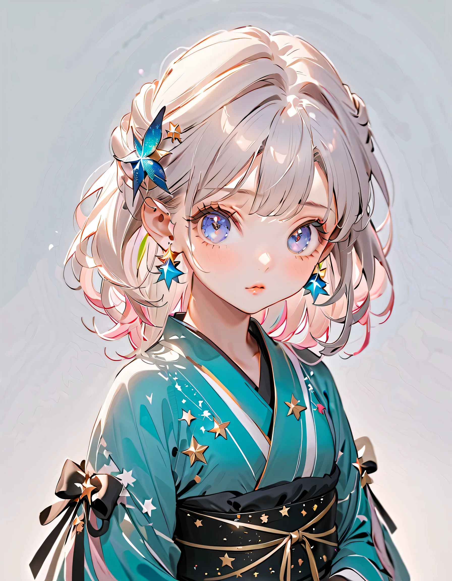 BEST DETAILS、3dcg,hhd, best quality、masterpiece、Super Detail、high precision、1 girl,realistic,Blink, ( hair color is milky white and hair tips are blue )、 the cutest girl in the world ,Wear a colorful and cute gothic kimono costume , Star Fairy ,Wear a colorful and cute gothic kimono costume with little fairy feathers growing from above your waist 、 simple background、 Best Details 、 Long and wide cuffs 、star hair ornament、 vtuber character design 、 glitter、 detailed eyes 、Delicate lines of hair,Star motif、Mevius ring earrings、The expression of smooth hair、