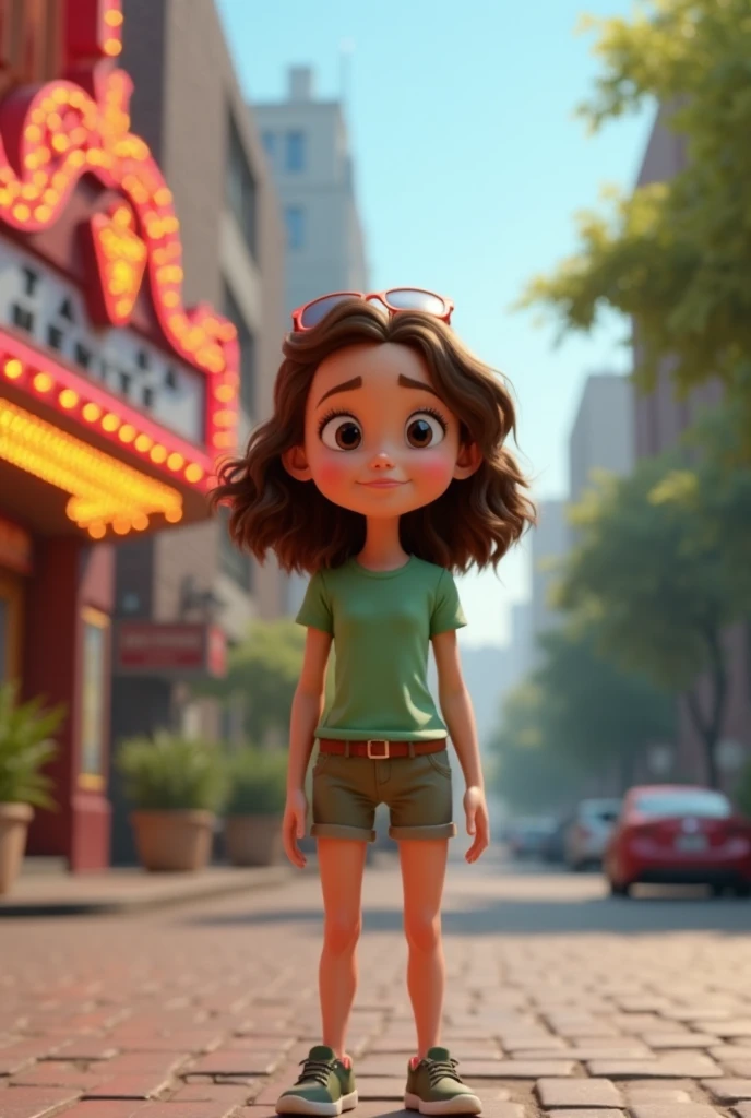 a cartoon girl in shorts and a green top stands in front of a theatre, 3 d animated movie , Filmfigur, im stil der disney-animation, animation character, Arnold Maya-Rendering, Animations film, 3D character, 3D character, forest city streets behind her, figure is in her natural pose, 3D character realistic, animated movie ,  Pixar und Disney 3D Style 