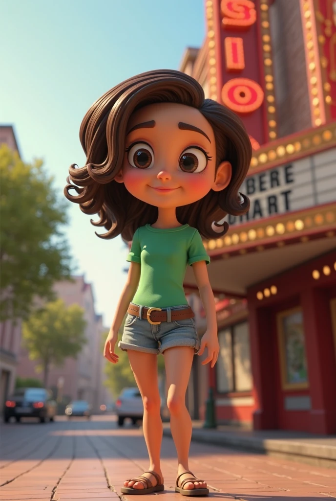 a cartoon girl in shorts and a green top stands in front of a theatre, 3 d animated movie , Filmfigur, im stil der disney-animation, animation character, Arnold Maya-Rendering, Animations film, 3D character, 3D character, forest city streets behind her, figure is in her natural pose, 3D character realistic, animated movie ,  Pixar und Disney 3D Style 