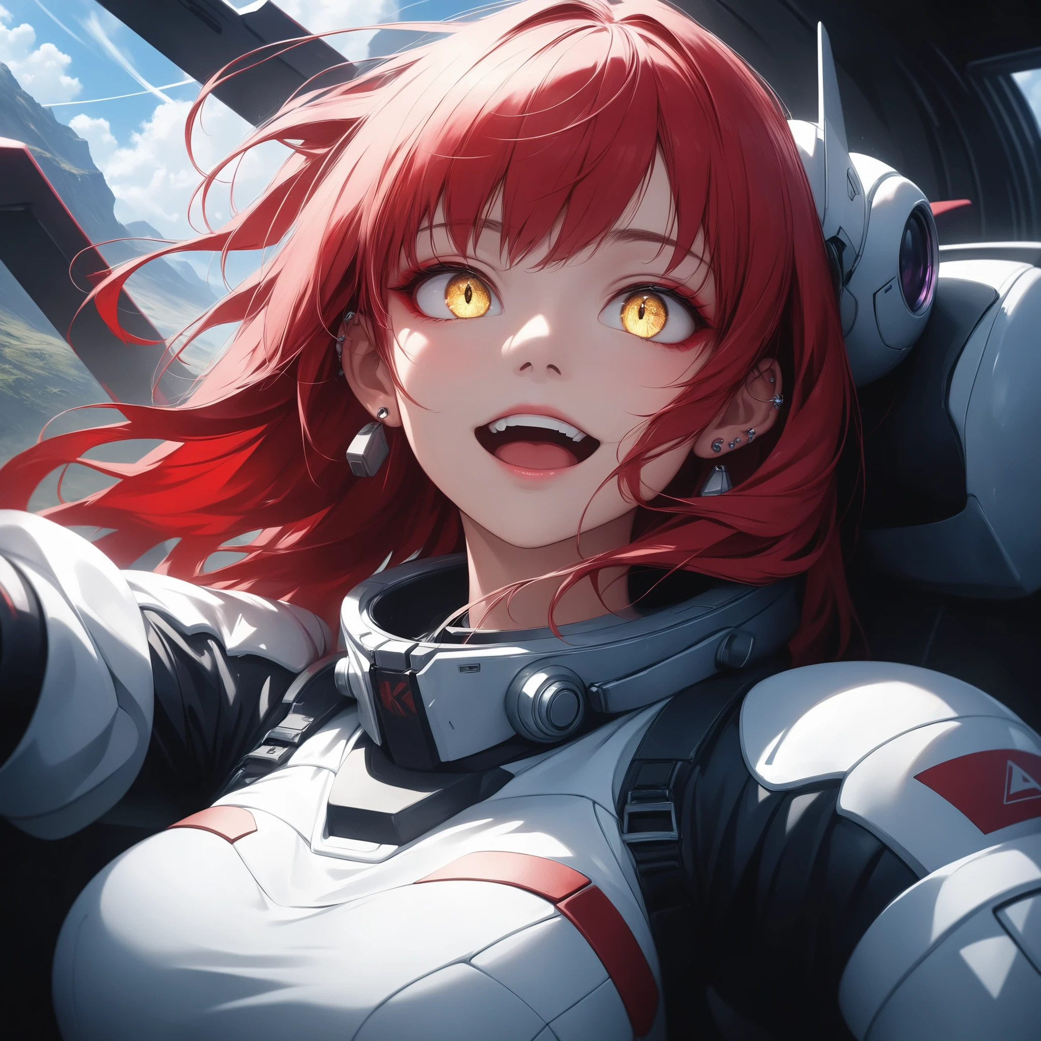 ((extreme quality)), ((Masterpiece)), (( Enrich the picture, Masterpiece level quality)), red hair , Mid-length Layers hair, medium breasts , golden eyes , fierce woman , extreme eyes details, raw 4k, perfect proportions , extreme hair detailed, extreme cloth detailed, extreme detailed , extreme background detailed, Epic background, Extreme Epic background, Movie scene, Realistically, Extreme Realistically,((great effect to highlight the subject)) , ( cinematic lighting , moody , textile shading) , perfect proportions , extreme detailed , volumetric lighting , soft lighting , glossy skin, glossy hair, beautiful face , extreme face details, Detailed facial features , Long eyelashes, Incredible atmosphere, Fascinating setting, dynamic pose, red eyeliner, ear rings , zaku pilot suit , ZAKU open cockpit, sitting on door cockpit, long shot, crazy laugh, crazy face,
