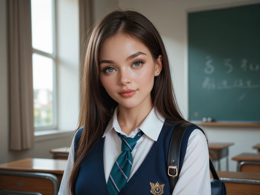 1girls, langes violettes Haar, blaue Lichtaugen, Sitzen Sie in der Klasse, Schuluniform, fotorealistic