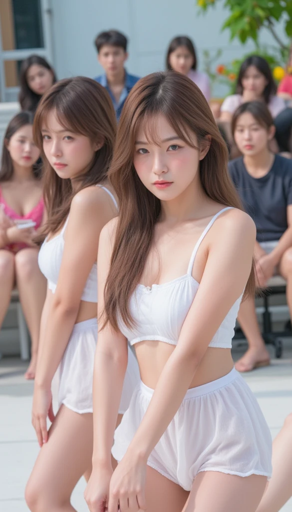 8K masterpiece,highest quality,(realistic:1.2),(Upper body:1.1),(looking at the viewer:1.3),W3T,wet thin white shirt,(beautiful face:1.2),long hair,(sweaty skin:1.2),(scatter:1.2),A trio of idol-like young faces,Small beautiful breasts,small areola,3 cute 18 year old Japanese girls,idol face