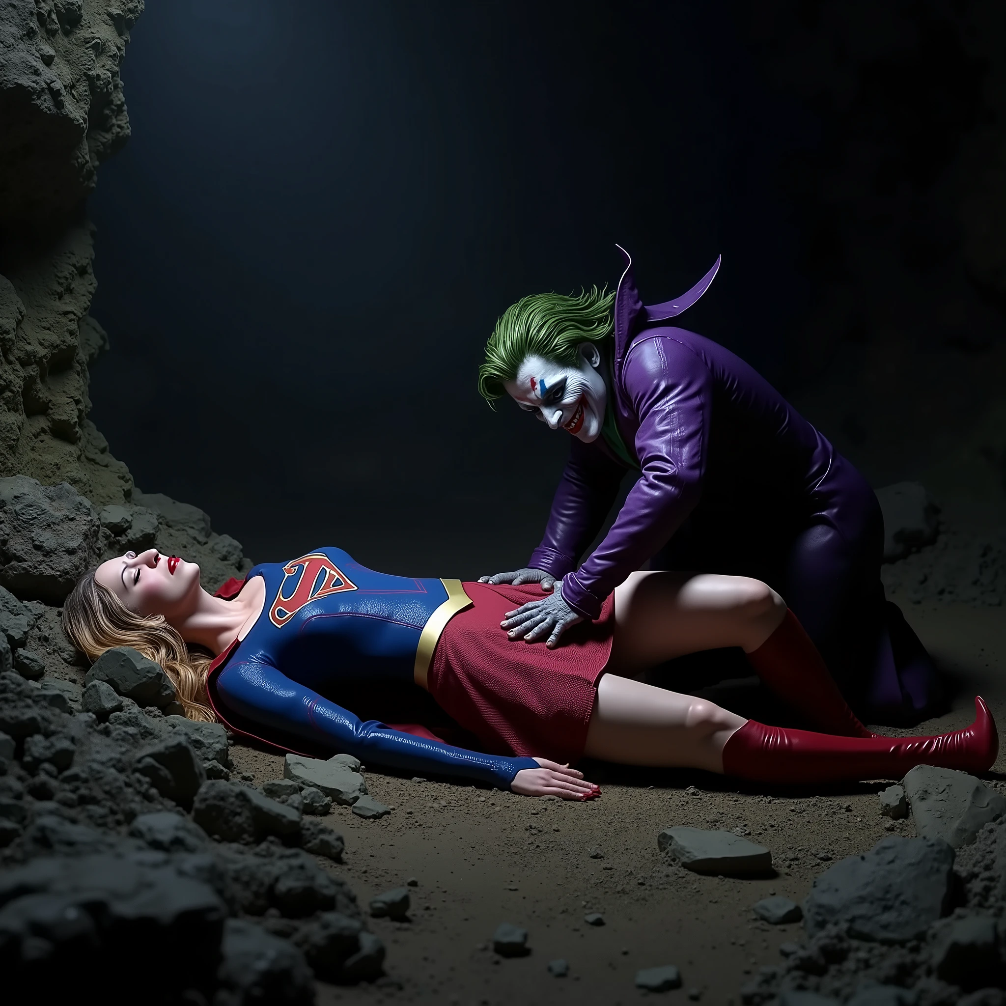 Supergirl is lying flat on the dirt, very bright white skin, can see whole body, She is wearing a thin black pantyhose, very short red skirt, flipped up skirt, red knee height long boots, blonde hair, unconsciousness, eyes close, painful face, Joker is bending over to Supergirl body, his left hand touch her leg, right hand touch her breast, photorealistic, hyperrealism, night time, underground cave,