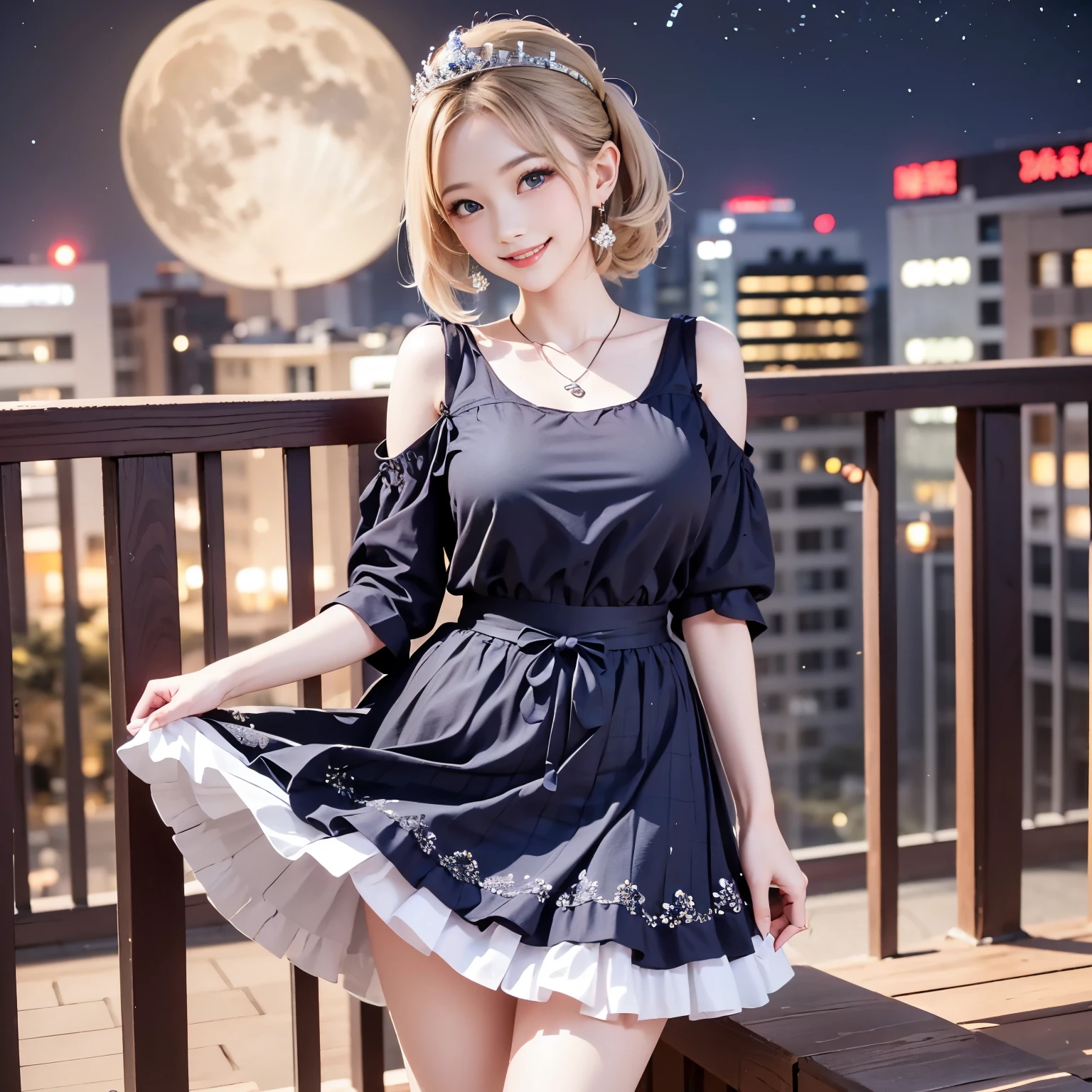 Masterpiece, top quality, high resolution, anatomically correct, ultra high definition. A balcony at night. A full moon. Beautiful night view. The light of a skyscraper can be seen. A beautiful girl. She is a beautiful Japanese woman. She is as beautiful as a goddess. She has a mysterious atmosphere. She has a well-defined face. She has beautiful blue eyes. She has big breasts and beautiful feet. She wears a hair ornament. She wears a necklace and earrings. (She has silver or blonde hair). (She has twin-tail or side-tail). ((She is wearing a dress.)). ((She is wearing a tiara)). She is wearing heels. ((She is smiling and smiling)). ((She is standing and striking a pretty pose)).blue skirt,shirt