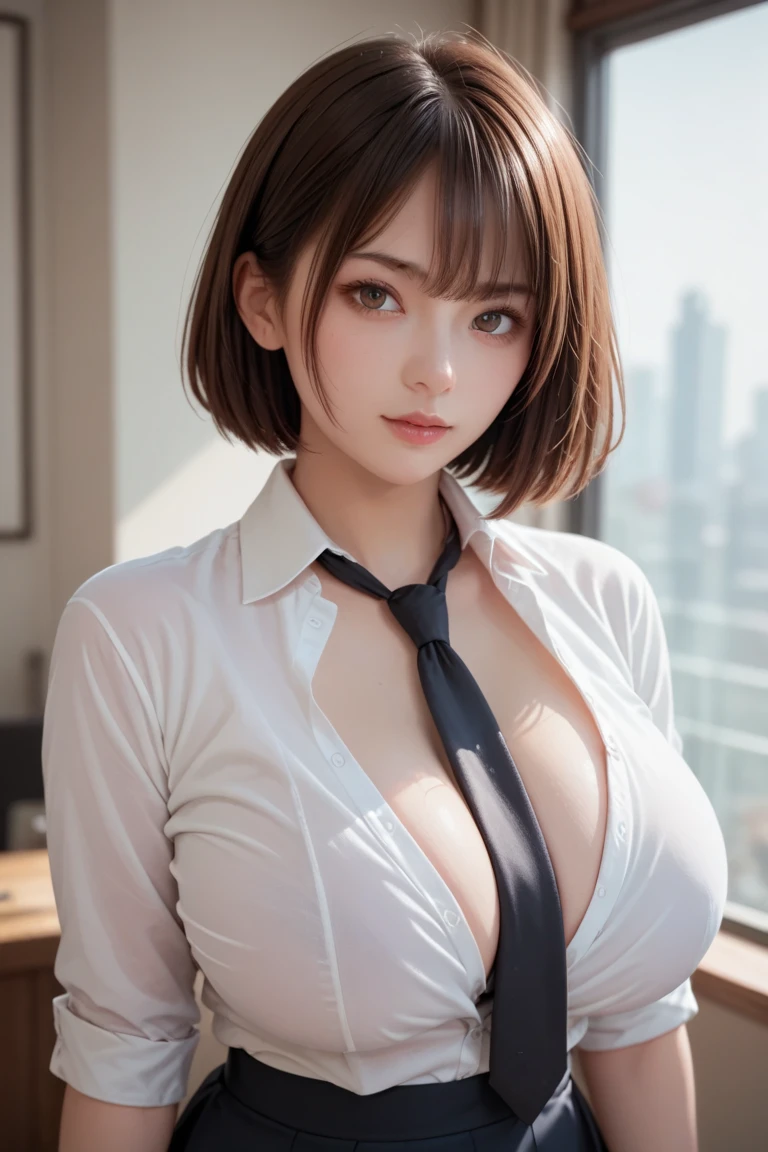 ((Highest quality, 8k, masterpiece :1.3)), (Sharp focus :1.2, Beautiful woman with perfect figure :1.4, Slim Abs :1.2), ((Big Breasts, Emphasize cleavage:1.3)), (Photorealistic:1.4), (realistic:1.4), (Short Bob Hair, Light brown hair:1.5), Highly detailed face and skin texture, Fine grain, double eyelid. Makeup face, A little bit of lipstick, sex appeal, Sexy gravure pose, ((She is in a meeting、In a grey business suit、Taking notes with a serious look。The background is the conference room、A large bag is placed on the desk。:1.3)