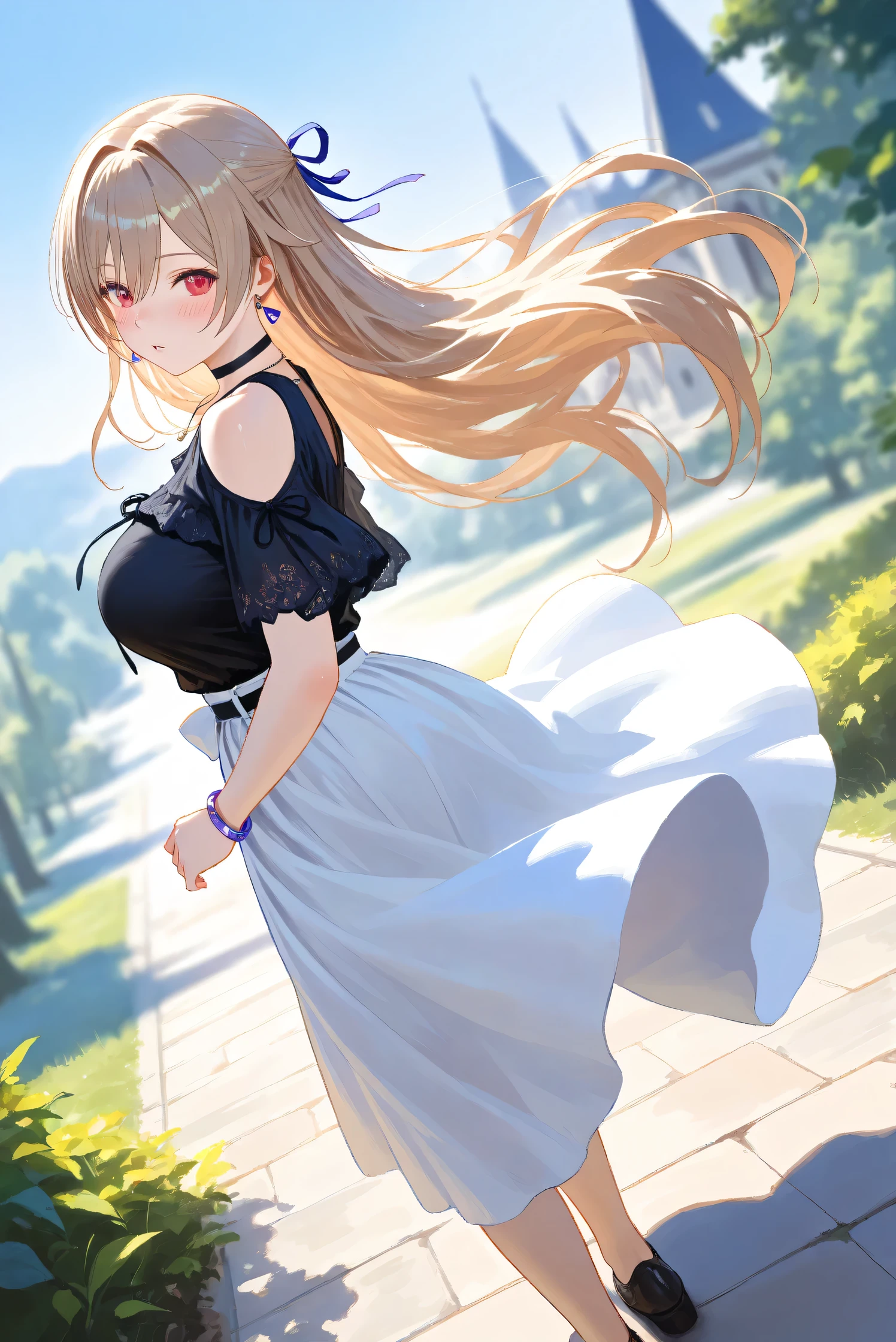 (Masterpiece), (Highest quality), (Very detailed), 
(The best shape), (Best Shadow), (Absurd), 
(Detailed background), (So beautiful), Shiny , 
Extraordinary, Countershading, 8k, 32K, High resolution, Beautiful eyes in every detail,
Very Detailed CG, UHD,

Score_9, Score_8_up, Score_7_up, Source_anime, 
(Pastel painting:1.2), (Watercolor painting:1.2),
(Masterpiece, Detailed:1.2), (Foreshortening:1.2),

Cinematic, Dramatic, (Depth of field:1.4),
(Blurry background:1.4), (Realistic background:1.4),
(Foreshortening:1.3),Dynamic angle, 1 girl,
fantasy background, Outdoor, Nature, Wind, blue sky,
fantasy buildings,
from side,

Furen E Lustario,
Nijisanji, virtual youtuber,
frnel, very long hair, blonde  hair, brown hair, bangs, red eyes, hair between eyes, large breasts, 

casual wear,  black shirt, ribbon tie, clothing cutout, shoulder cutout, black choker, bare shoulders, long skirt, white skirt, jewelry, (Purple earrings:1.1), necklace, bracelet,

full body, focus on face, close up,
(Blush:1.3), parted lips,
Realistic skin, Shiny skin,