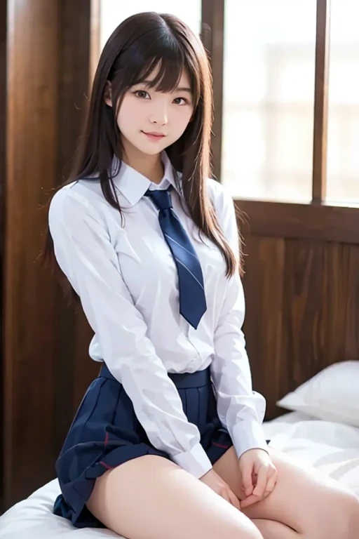 (Japanese cute girl), sexy 18 yo girl, (full body), (cutest face), thin breasts, slender thighs, straight hair, on a bed, (((school uniform))),