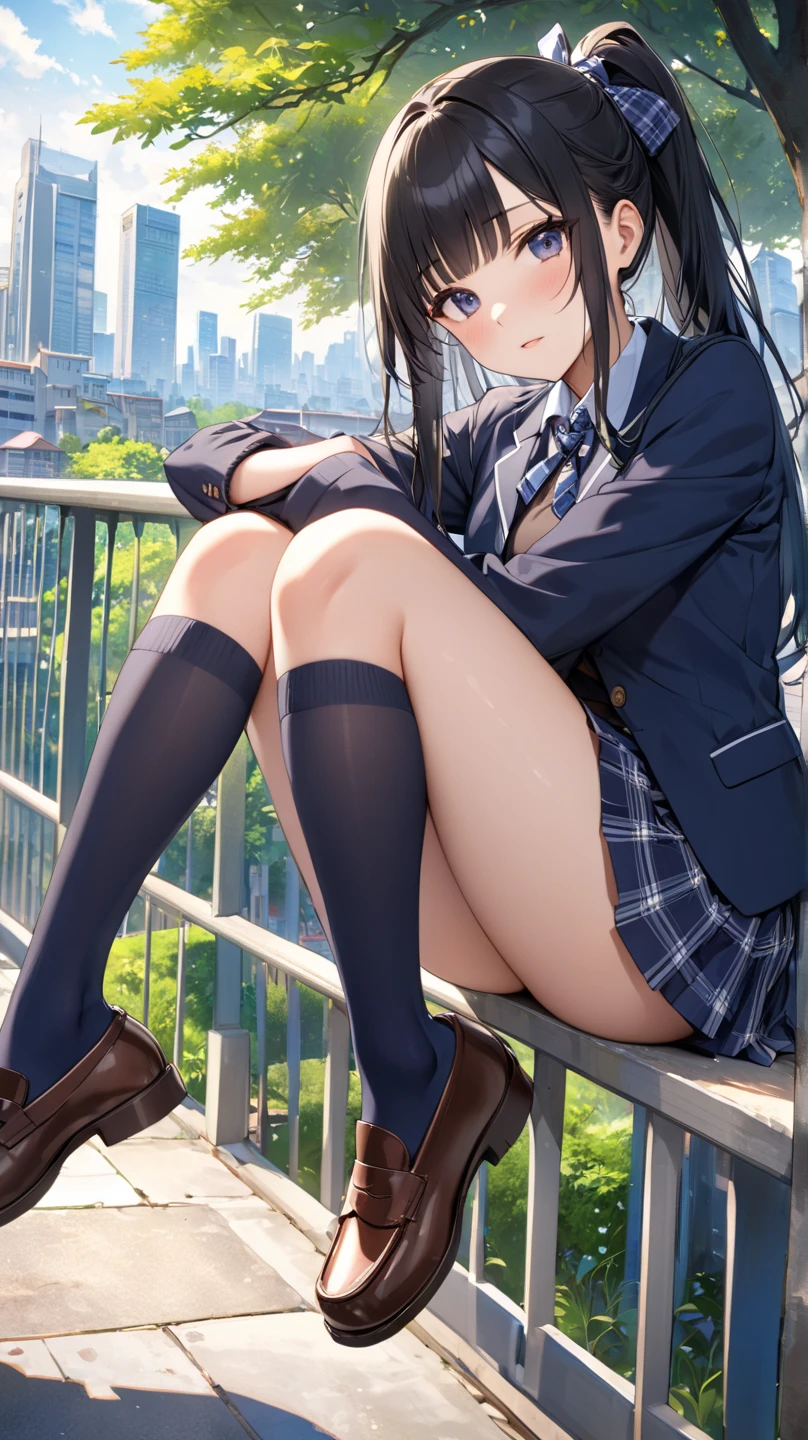 very cute and beautiful girl,(Very detailed美しい顔), (smile),blush,Black Hair,Seraphim,(White Shirt、Pleated navy blue pread your legs),Sitting、(From below),(Lacy white panties), Stairs in the park、Distant Tree々and the city, (Highest quality,masterpiece:1.0),Absurd,High resolution,Super detailed,Very detailed,32k,8K resolution, Intricate details,Movie Scenes,Detailed Background,alone,Dynamic Angle,
