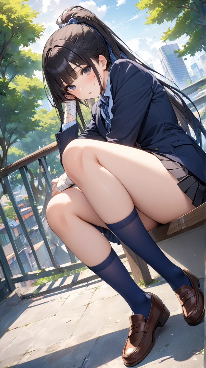 ((highest quality, 8K, Idol Master: 1.3, RAW photo)),( 1 person sharp focus 1.1),shibuya rin,beautiful face, ((green eye highlights))highly detailed face, ((white loose socks)),black hair straight(wave hands) (school uniform1.5), ((Sit on the steps of the station)),(show panties:1.1), from the front, loafers,whole body