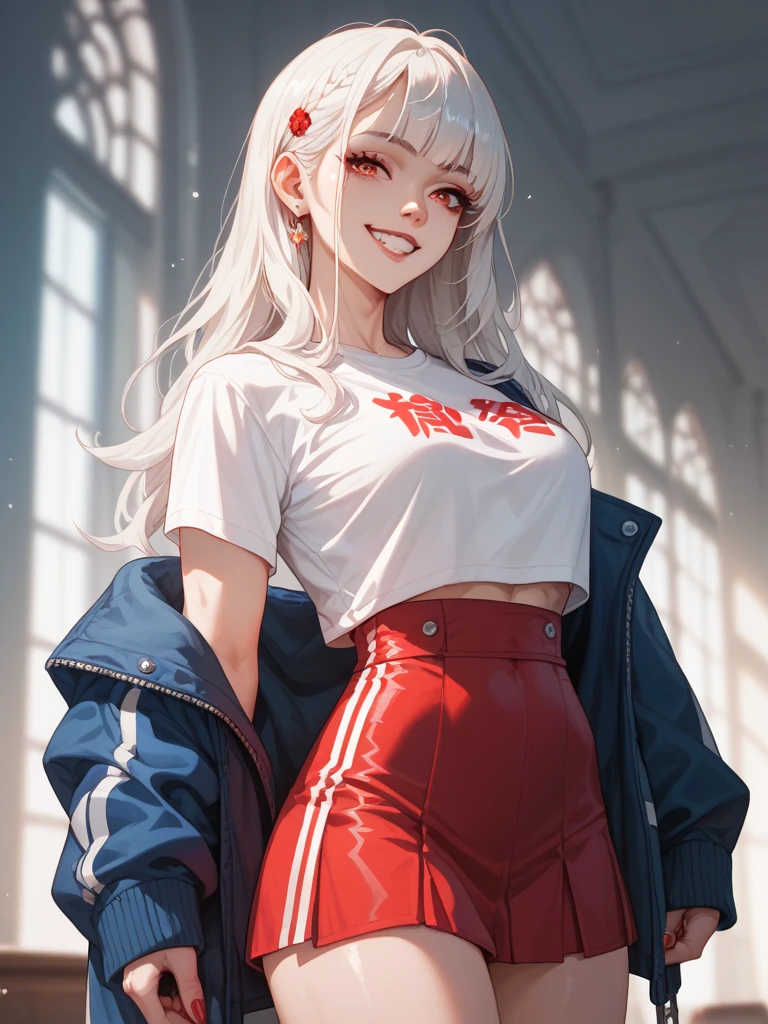 a woman in a white shirt and red pants, red jacket is playing video game, simple style, wearing elegant casual clothes, muted red, simple clothes, milk and red style, casual clothing style, modern fashion outfit, wearing a fisher , casual modern clothing, inspo, red clothes, red pants, neutral tones, rred and white color scheme, casual business outfit, cute face, nike shoes, 17 years old, pretty face, long hair, (( white hair)) and gleaming detailed bright silver coloured eyes, soft pink lips, porcelain skin, blush, small breast size