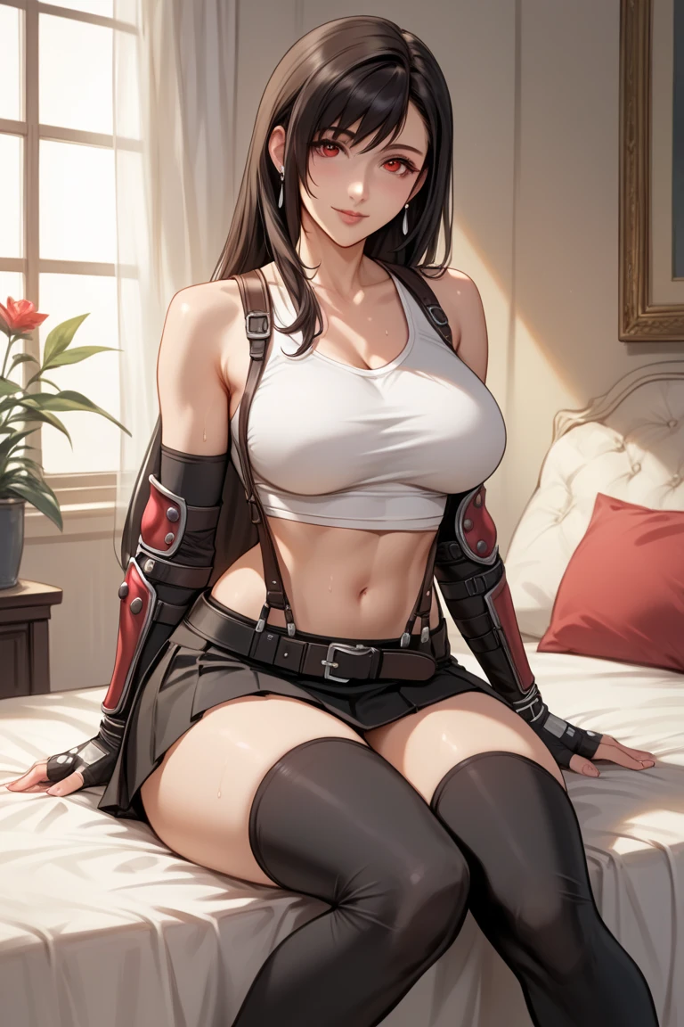 (masterpiece, best quality:1.2), (detailed face and eyes:1.1), Tifa Lockhart, (mature woman), muscular, athletic, cheerful, gorgeous heart-shaped face, toned body, hourglass figure (massive breasts), long dark hair tied with ribbon at the end, ((Aerith costume)), realistic, seductive, red eyes